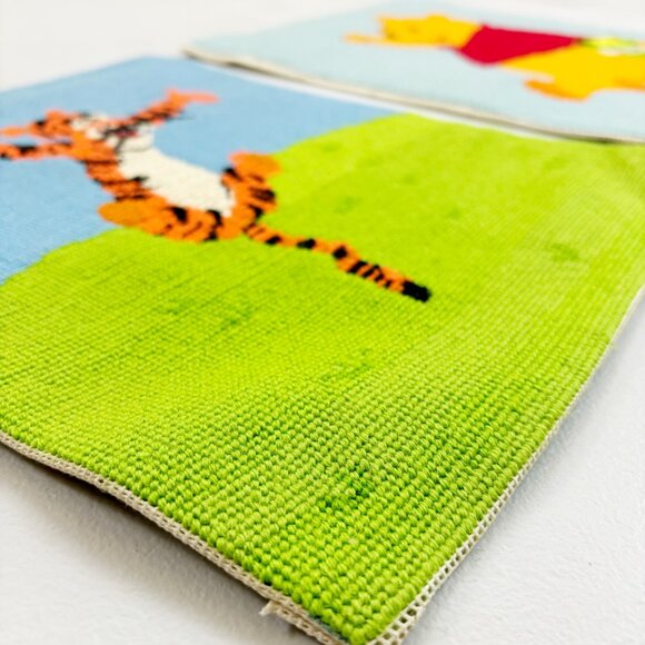 VINTAGE Winnie the Pooh Tigger Wool Crewel Needlepoint Panels Set Of 2 Handmade